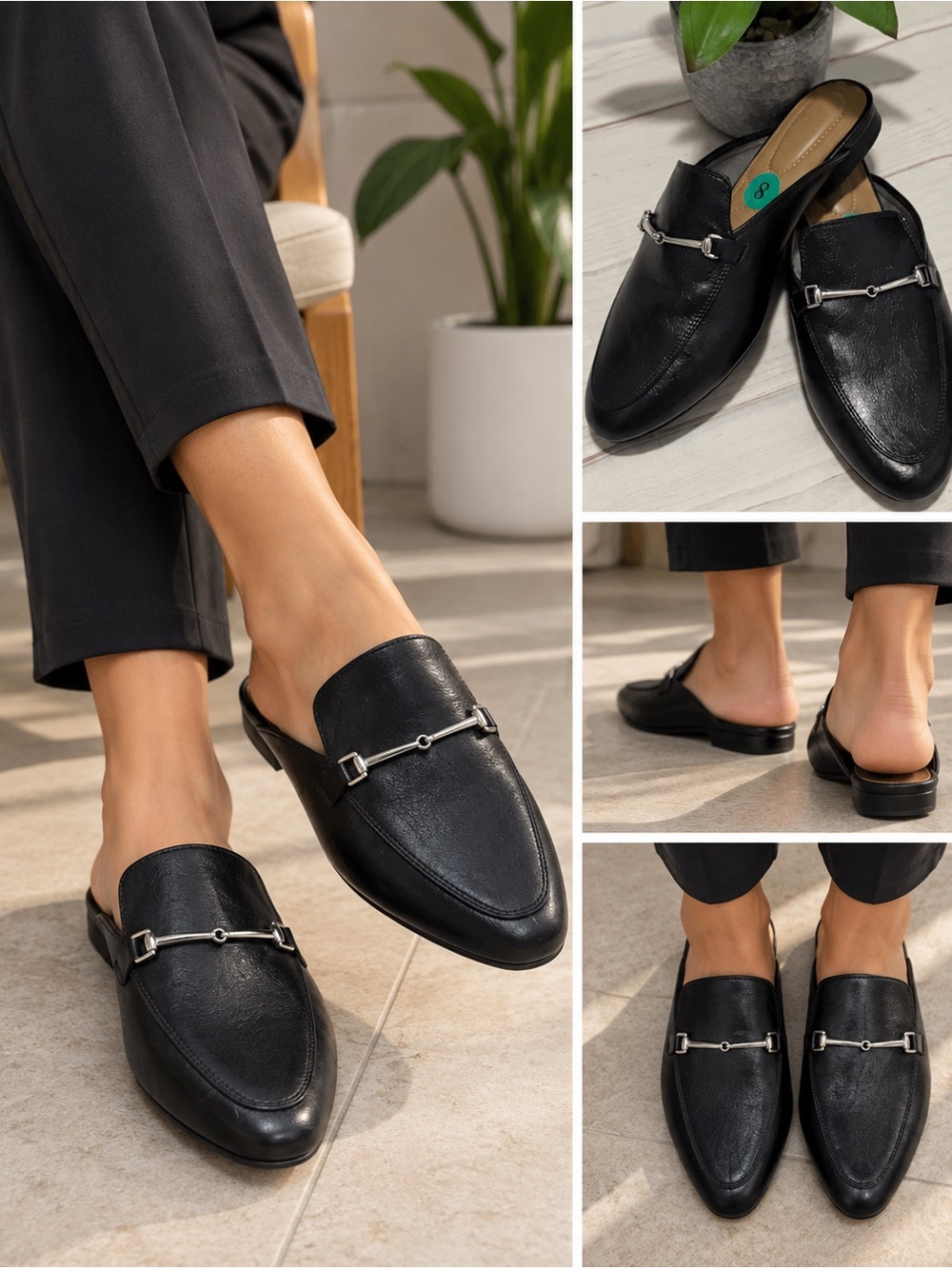 Women's black slip-on mules with silver stirrup detail